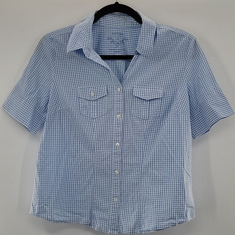 3 For$20 Sonoma Light Blue & White Gingham Button Down Blouse size PS